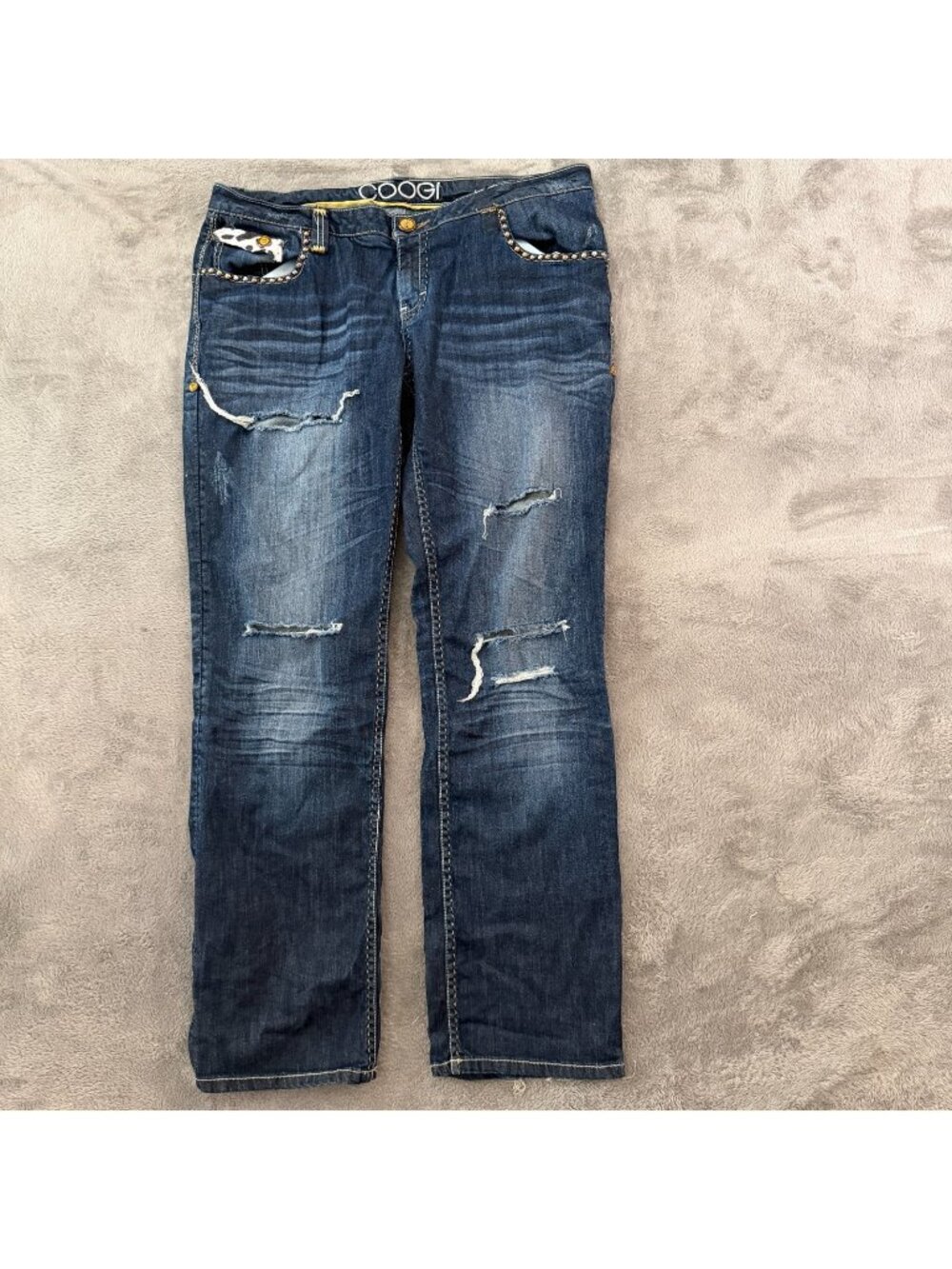 Coogi Jeans Embellished Studded Animal Print Womens 17 18 Dark Wash Distressed